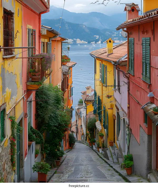 Cobblestone Street Leading To The Sea In A Colorful Italian Town