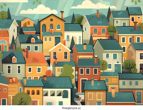 Colorful Illustration of a Town with Houses and Trees