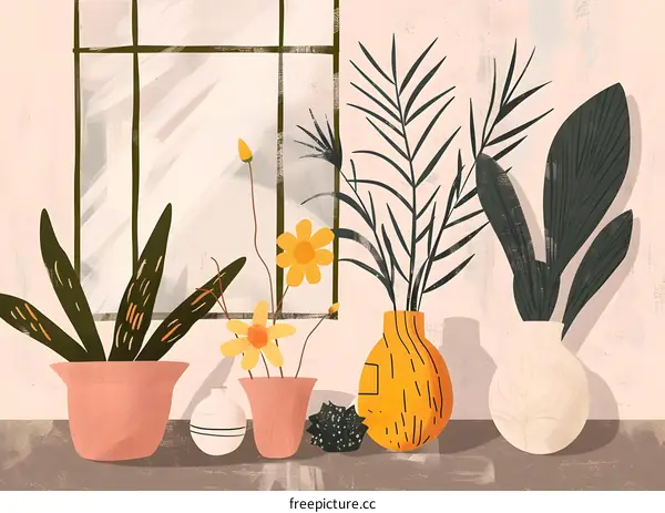 Yellow Flowers And Green Plants In Vases Beside Window