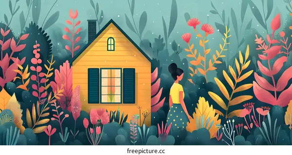 A woman standing in a lush garden looking at a house