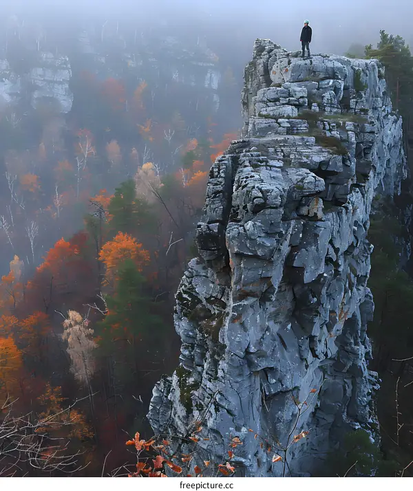 Lone hiker standing on top of a rock cliff overlooking a misty autumn forest