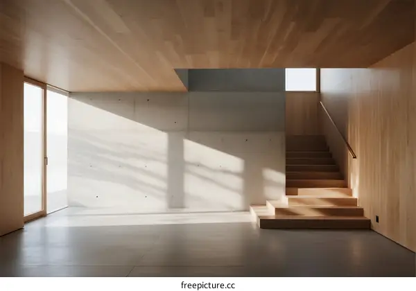Modern minimalist interior space with wooden and concrete elements
