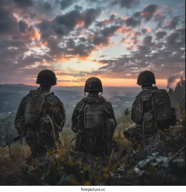 Three soldiers watching the sunset