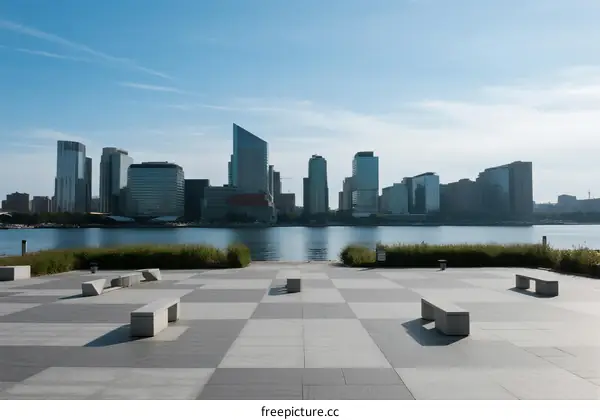 Modern city skyline with waterfront and open plaza