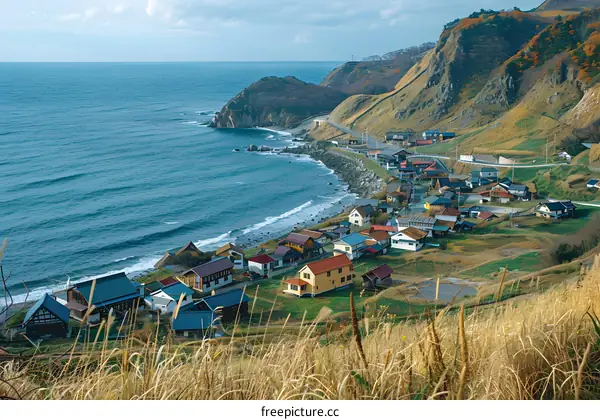 Aerial View of a Coastal Village in Japan