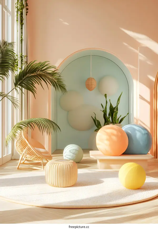 Minimalist Living Room with Palm Tree and Wicker Furniture