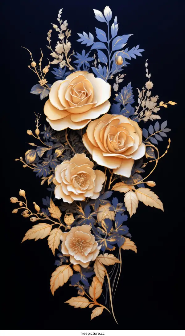 Exquisite Golden Roses and Blue Leaves