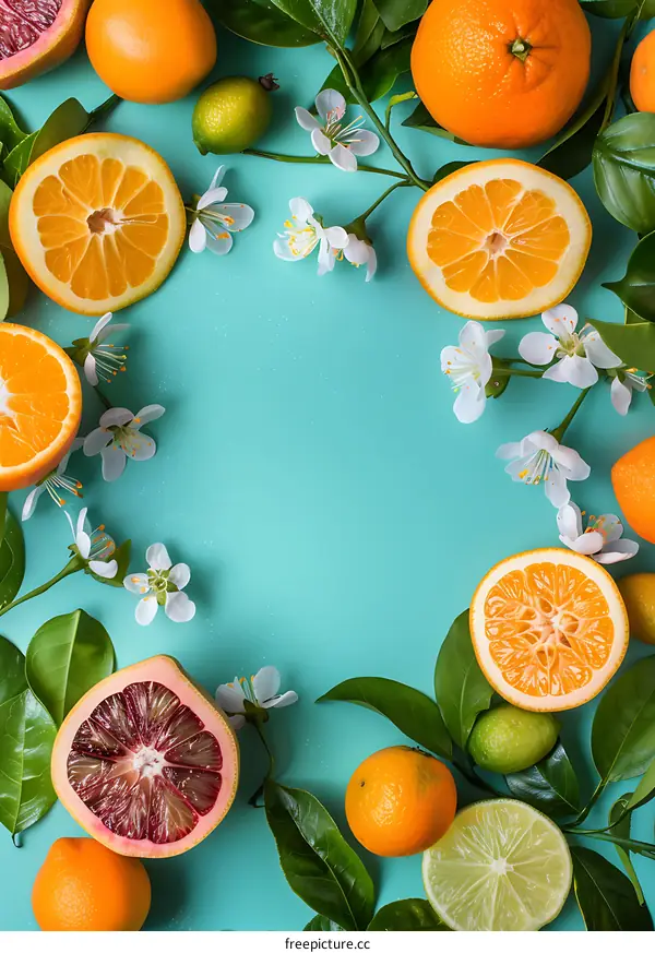 Fresh Citrus Fruits with White Flowers and Green Leaves on Teal Background