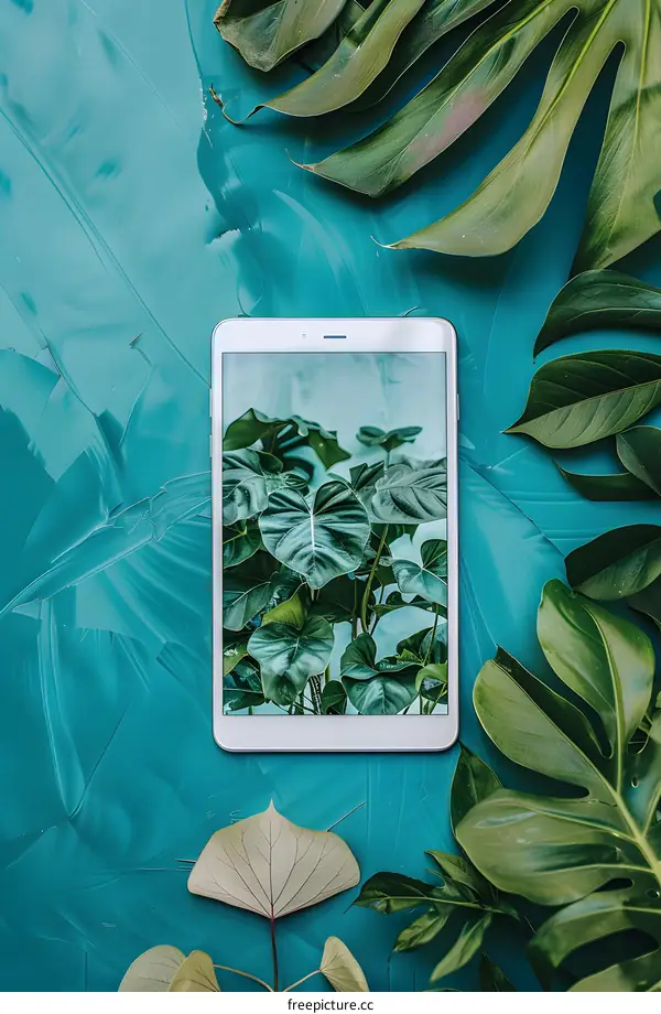 Green Leaves and Tablet on Teal Background