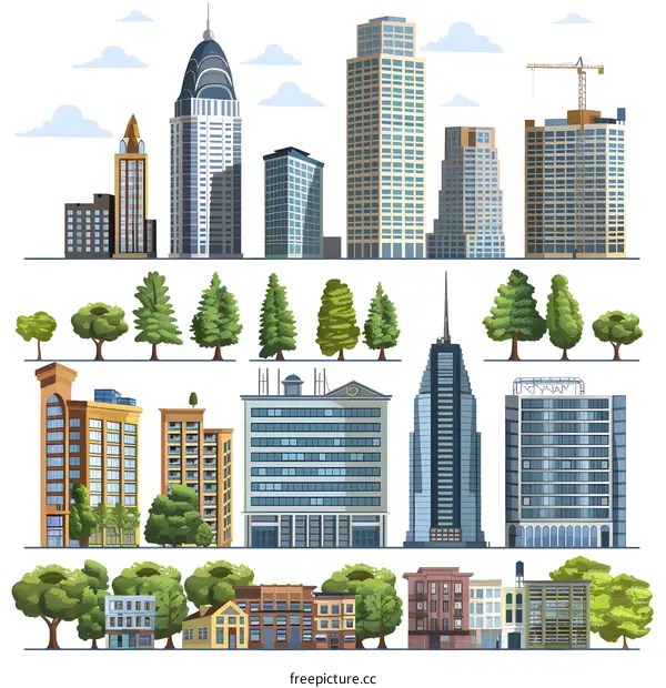 Cityscape Illustration Set with Buildings, Trees, and Construction
