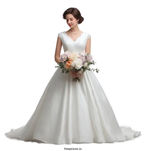 [Transparent Background PNG]Elegant Wedding Dress with Flower Bouquet