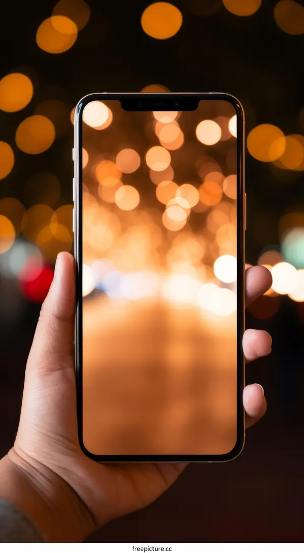 Hand holding a smartphone with a blurred background of city lights at night