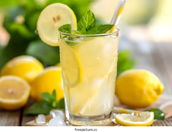 Glass of Homemade Lemonade with Lemon Slices and Mint