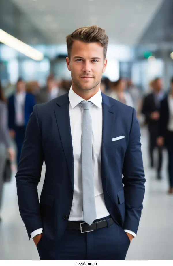 Young professional man in a suit standing in a busy hallway