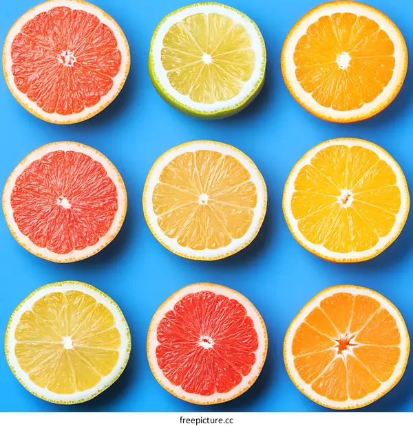 Fresh Citrus Fruit Halves Arranged On Blue Background