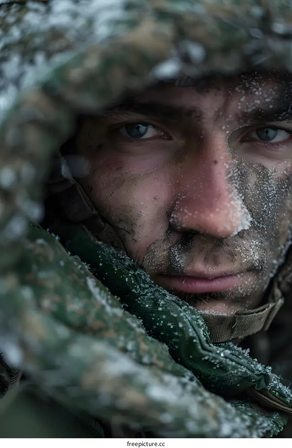 Portrait of a soldier in the snow