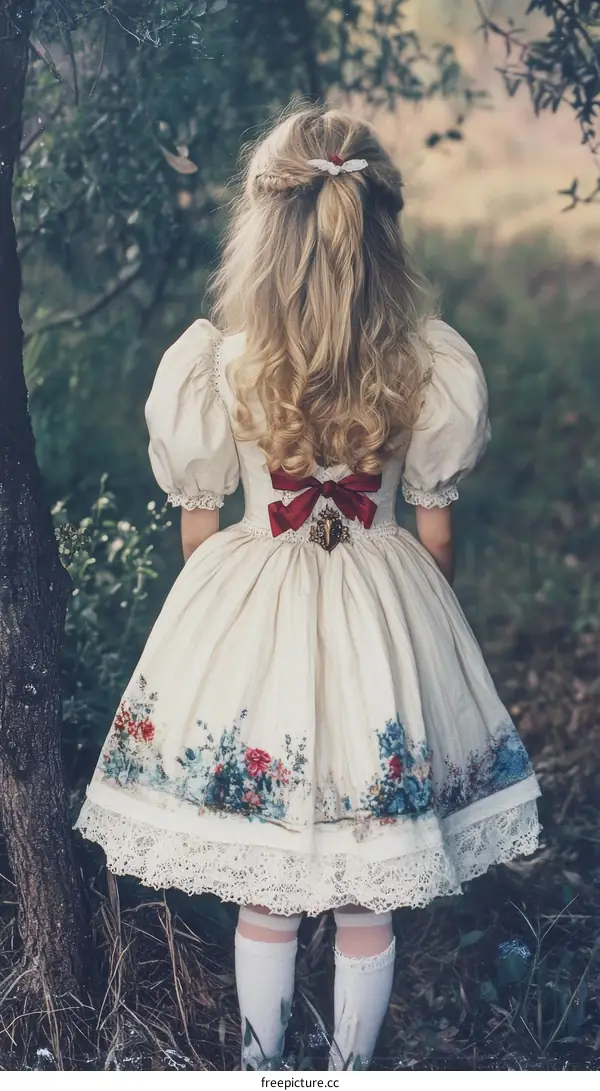 Vintage Girl in a Floral Dress in the Woods
