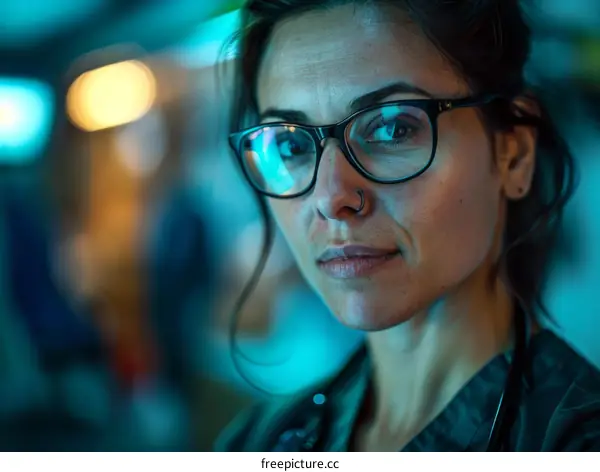 Portrait of a female doctor or nurse wearing glasses and a stethoscope around her neck