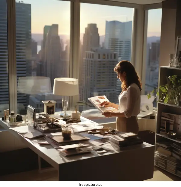 A woman is looking at a magazine in a high-rise office.