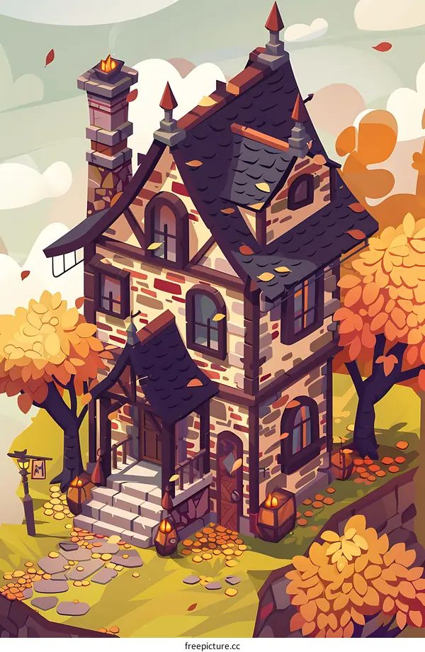 Autumn House Illustration Cartoon
