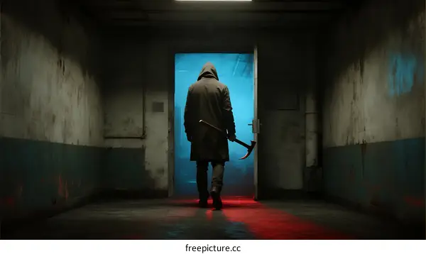 Mysterious figure in dark corridor holding axe approaching