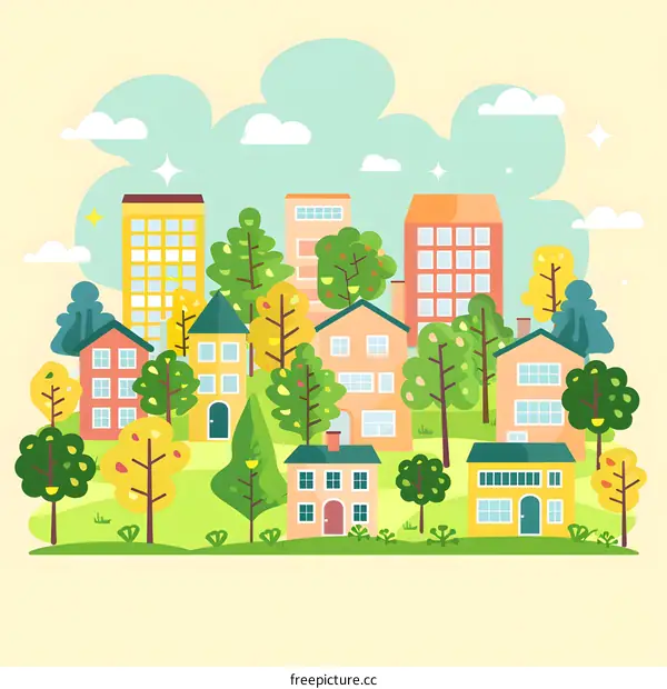 Colorful Cartoon Illustration of a Suburban Neighborhood with Houses and Trees