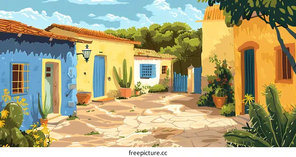 Colorful Houses and Cobblestone Street in a Tropical Village