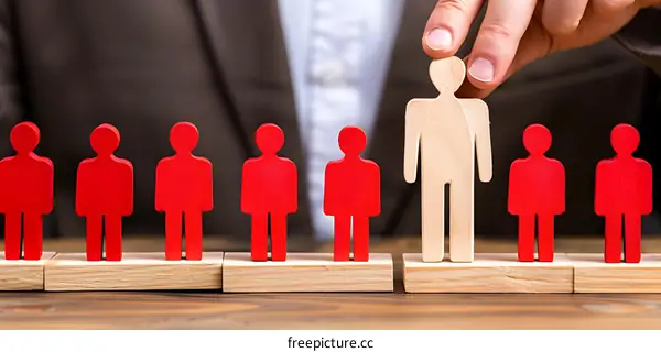 Hand Picking Out A Wooden Figure From a Row of Red Figures