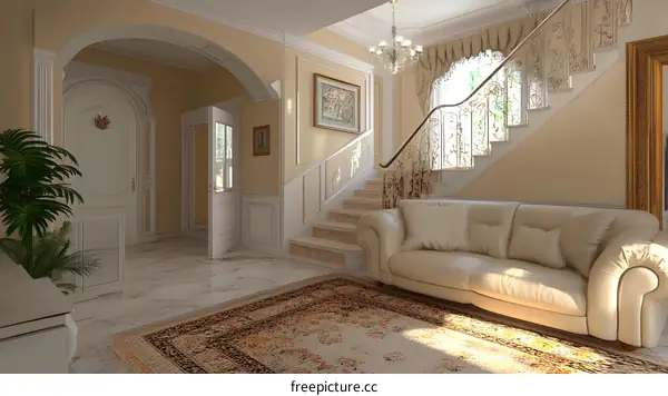 Elegant Interior Design With Cream Couch And Staircase