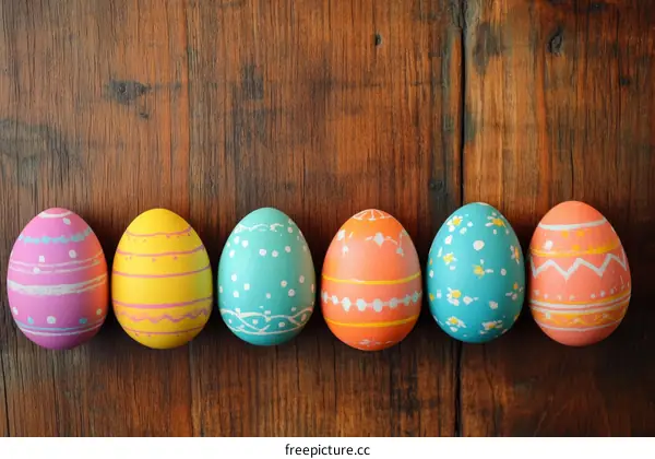 Colorful Painted Easter Eggs on Wooden Background