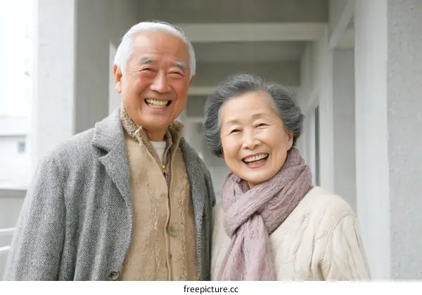 Smiling Asian Senior Couple Outdoors