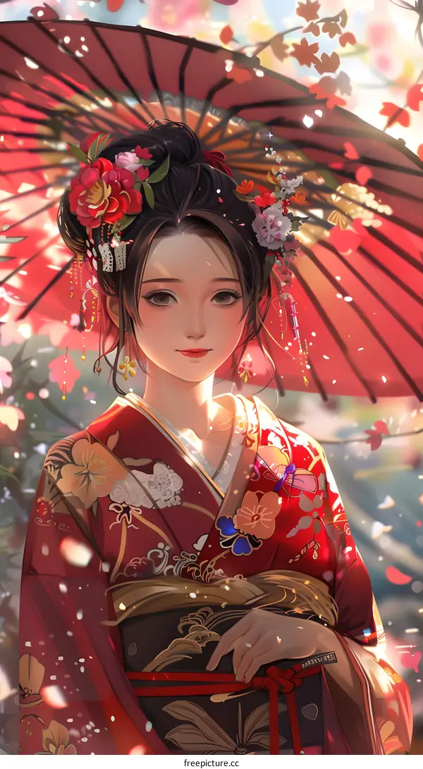 Japanese Woman in Traditional Kimono Under a Cherry Blossom Tree
