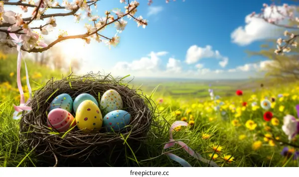 Easter eggs in a nest among the flowers