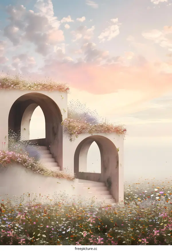 Dreamlike Architecture with Flowers and Arches