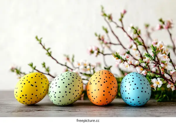 Colorful Easter Eggs with Spring Blossoms