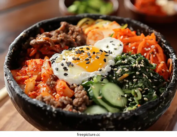 Korean Food Bibimbap With Egg And Side Dishes