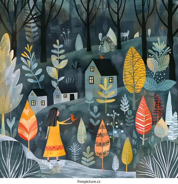 Girl in a Forest with Houses and Trees