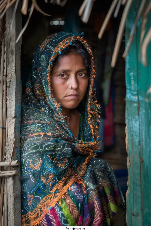 Woman in Traditional Dress in a Hut