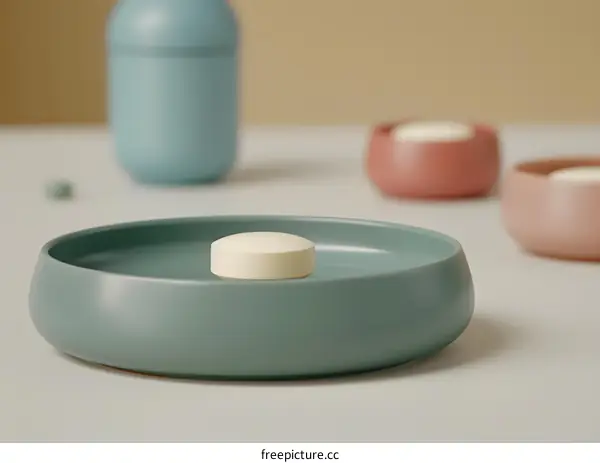 Close Up of White Pill in Teal Dish on White Table