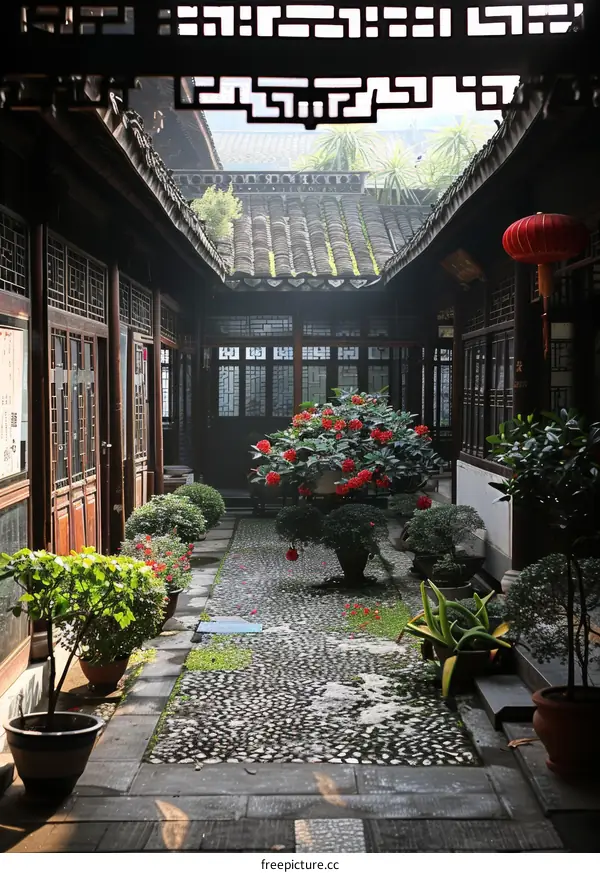 Courtyard with red lantern and flowers