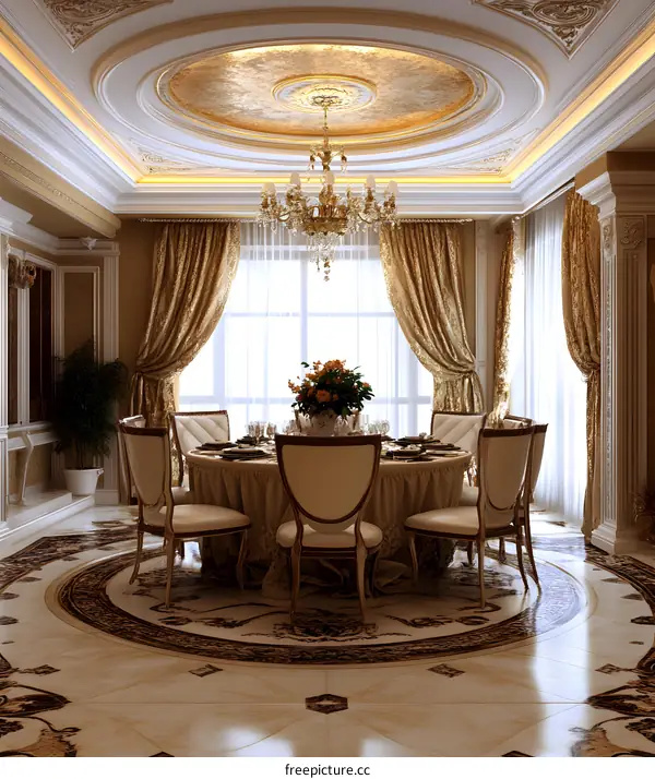 Luxury Dining Room Interior Design with Golden Ceiling and Chandelier