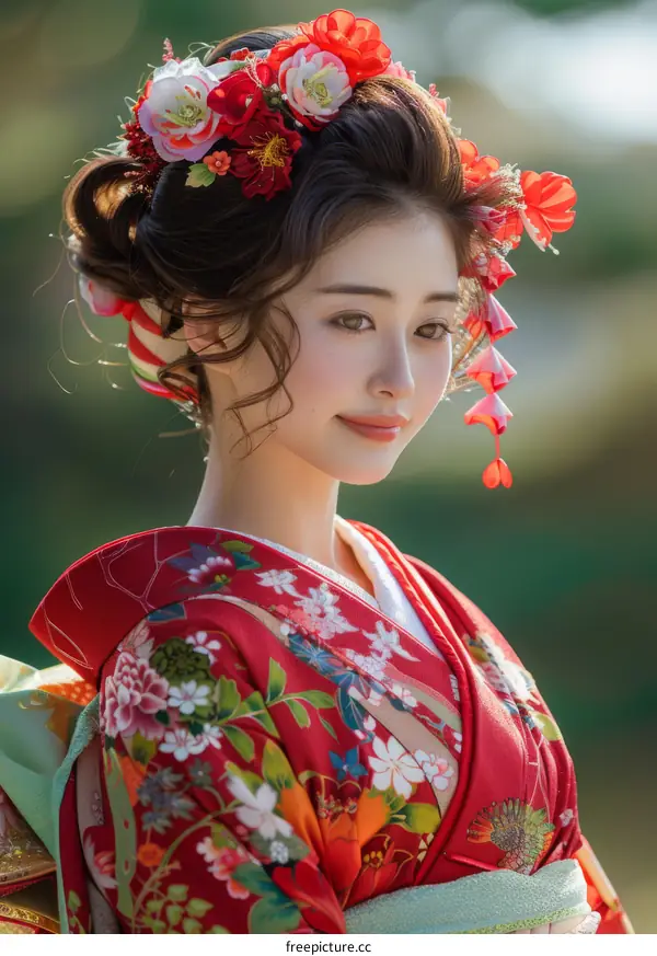 Portrait of a beautiful Japanese woman in traditional kimono