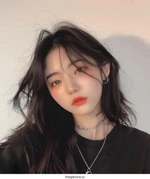 Portrait of a Young Woman with Long Black Hair and a Chain Necklace