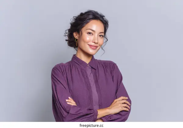 Confident Asian Woman in Stylish Purple Blouse