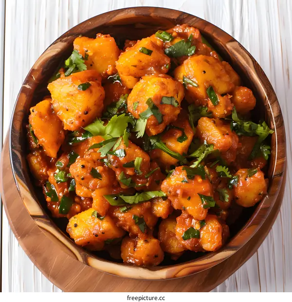 Spicy Fried Potatoes in a Wooden Bowl