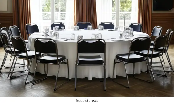 Round Conference Table Setting in a Meeting Room
