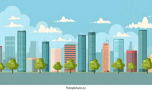 Skyline of Modern City with Trees and Clouds