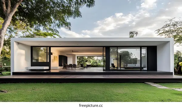 Modern Minimalist House with Large Glass Windows and Wooden Deck