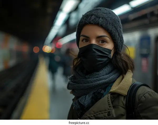 Portrait of a woman wearing a mask in a subway station