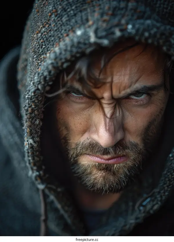 The Frowning Gaze of a Man in a Hood